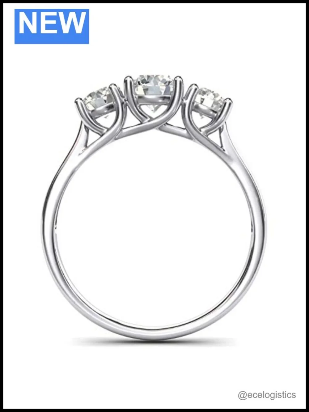 14k White Gold Genuine Moissanite Three Stone Trellis Promise Engagement Ring